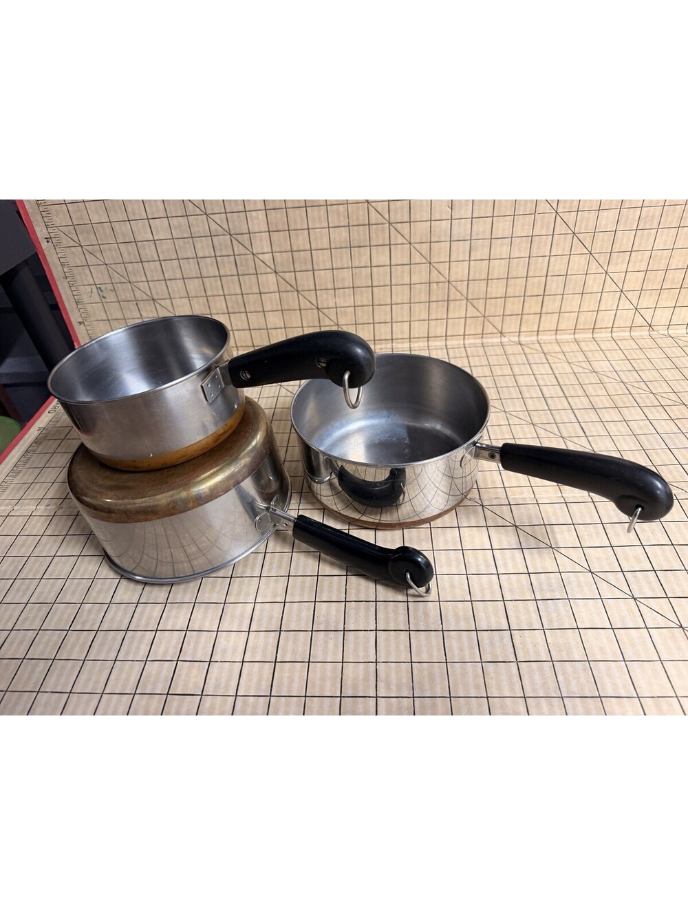Vintage Revere Ware Stainless Steel Copper Bottom 3 Saucepans- No Lids